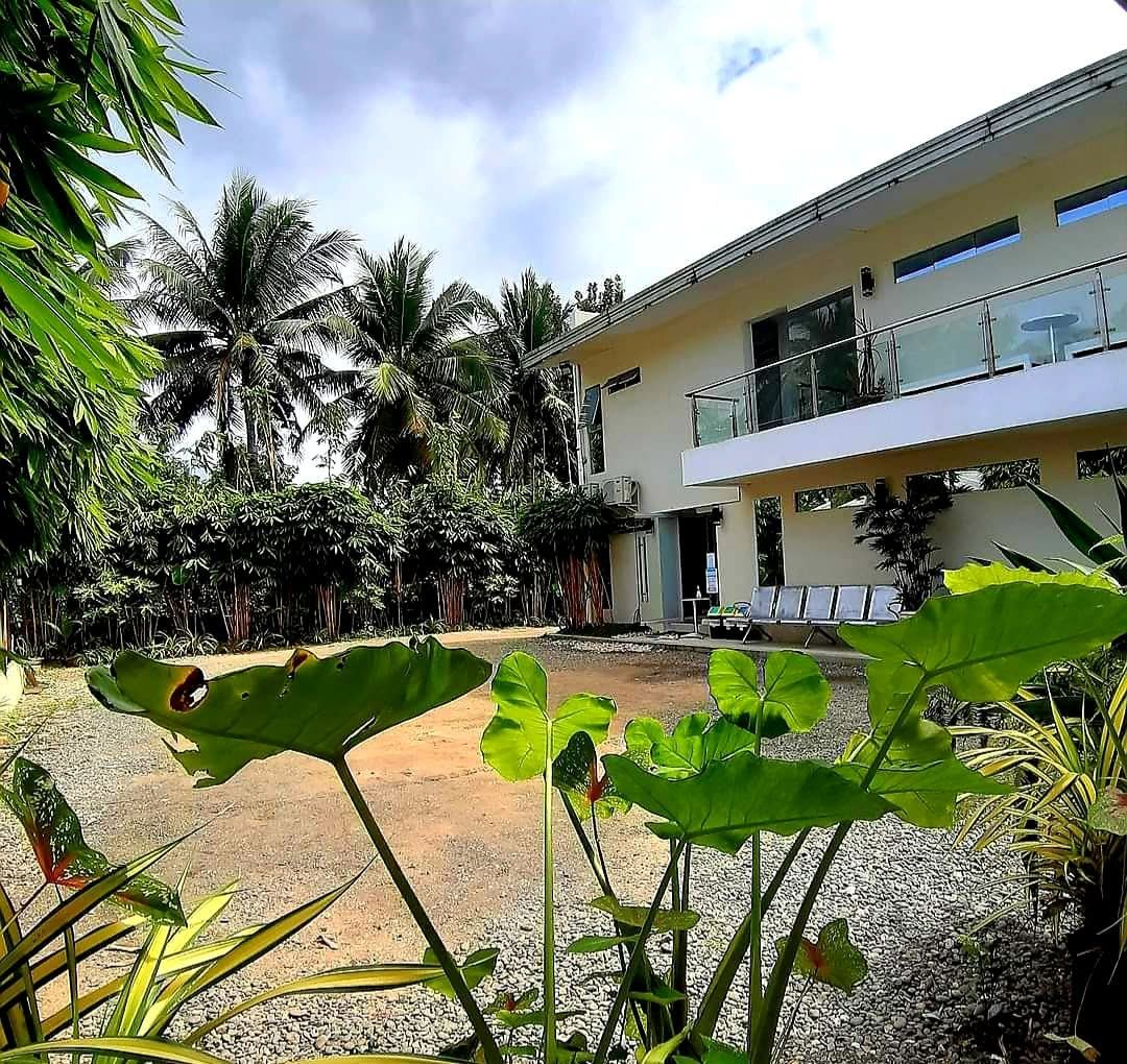DanRose building with glass balconies, surrounded by palm trees and garden